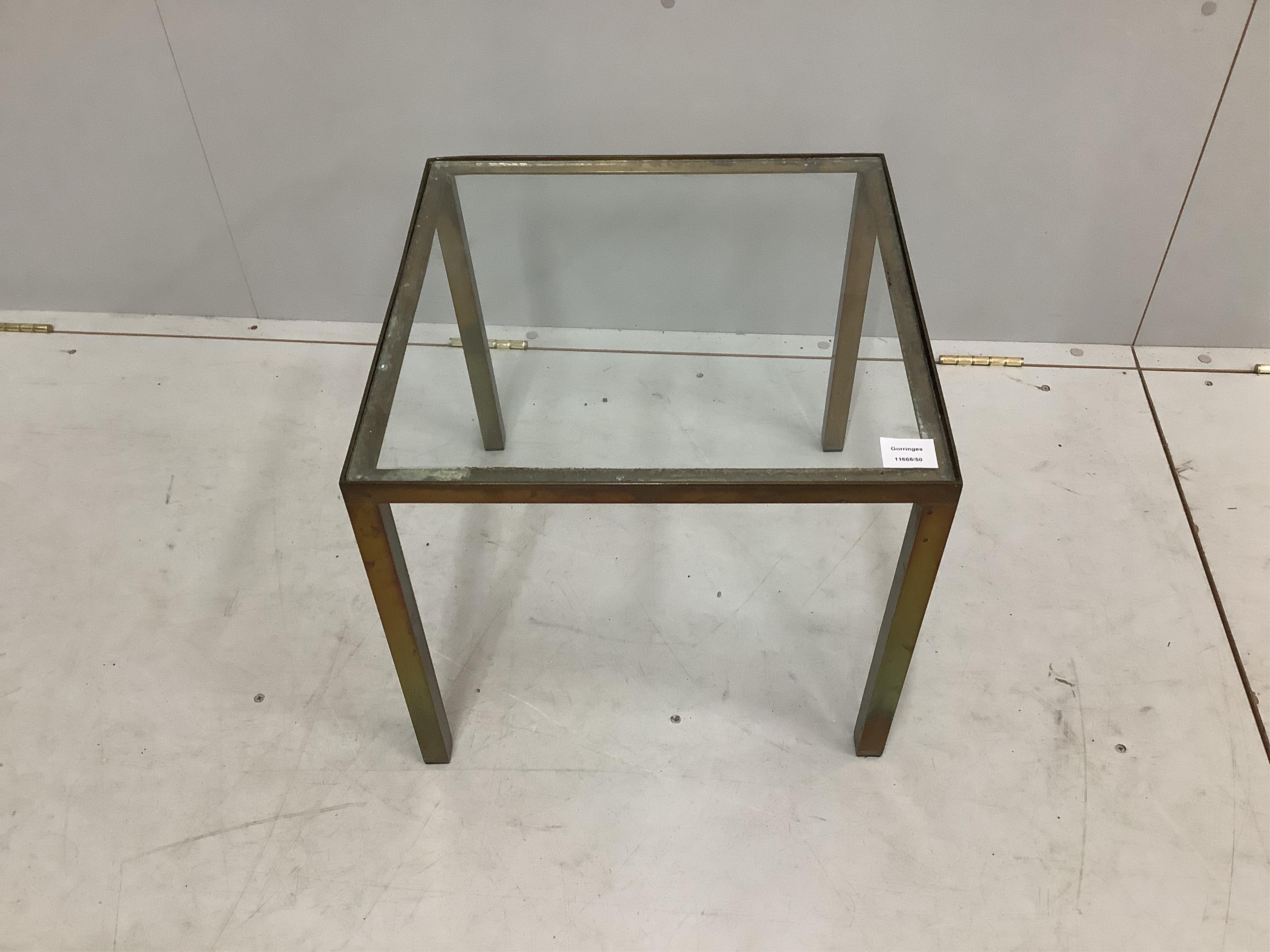 A mid century brass framed glass topped square occasional table, 46cm, height 40cm. Condition - fair